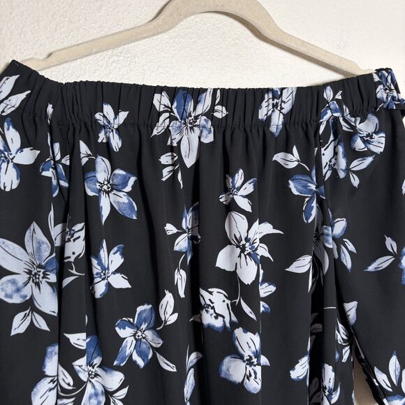 Premise Studio Blouse Women's Large Black Floral 3/4 Sleeve Tie Off the Shoulder - Picture 3 of 9